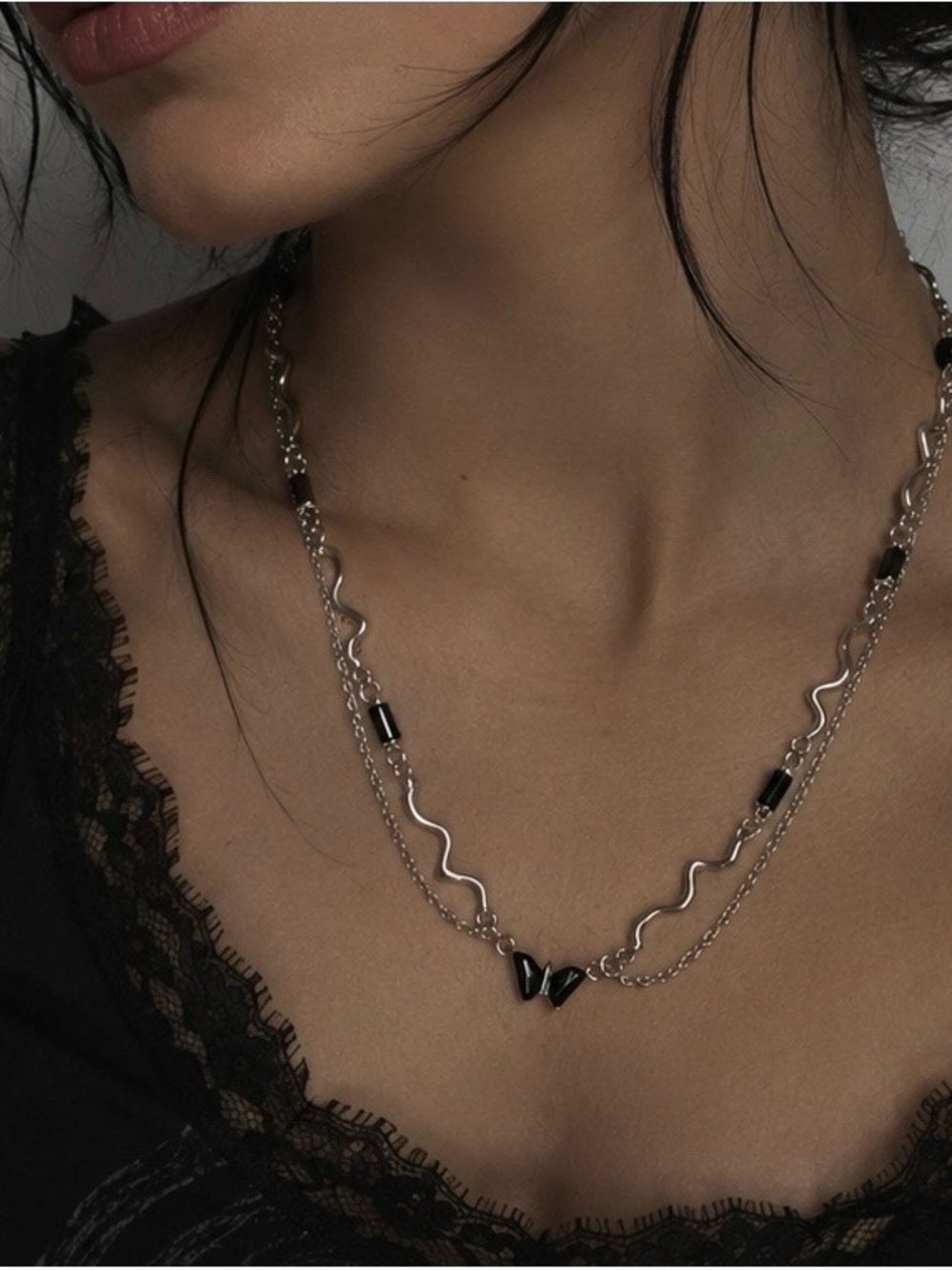 Dolls Kill Silver black butterfly layered necklace